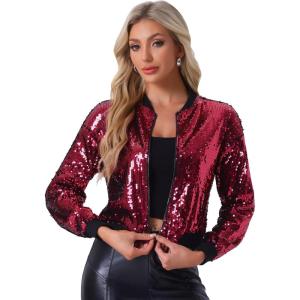imageAllegra K Womens Sequin Jacket Bomber Long Sleeve Zipper Shiny Glitter Tops Sparkly Party Slitter OutfitWine Red