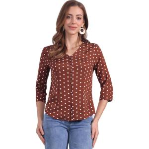 imageAllegra K Womens Vintage Polka Dots 34 Sleeve Button Front V Neck Casual Office Blouse TopBrown
