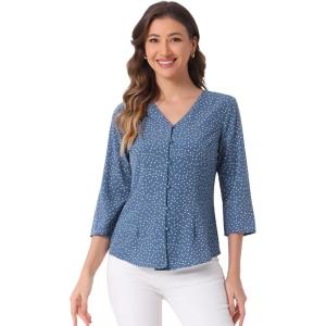 imageAllegra K Womens Vintage Polka Dots 34 Sleeve Button Front V Neck Casual Office Blouse TopDenim Blue