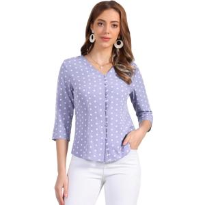 imageAllegra K Womens Vintage Polka Dots 34 Sleeve Button Front V Neck Casual Office Blouse TopDusty Purple