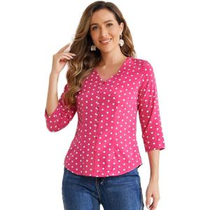 imageAllegra K Womens Vintage Polka Dots 34 Sleeve Button Front V Neck Casual Office Blouse TopHot Pink