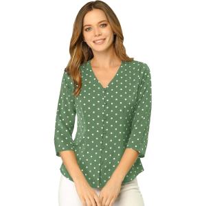 imageAllegra K Womens Vintage Polka Dots 34 Sleeve Button Front V Neck Casual Office Blouse TopOlive Green