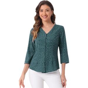 imageAllegra K Womens Vintage Polka Dots 34 Sleeve Button Front V Neck Casual Office Blouse TopTeal Green