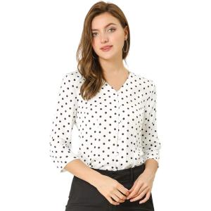 imageAllegra K Womens Vintage Polka Dots 34 Sleeve Button Front V Neck Casual Office Blouse TopWhite