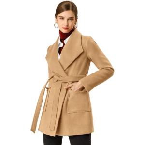 imageAllegra K Womens Winter Wrap Coat Turndwon Collar Long Sleeve Tie Belt Coat with PocketsKhaki