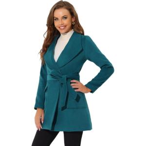 imageAllegra K Womens Winter Wrap Coat Turndwon Collar Long Sleeve Tie Belt Coat with PocketsPeacock Blue