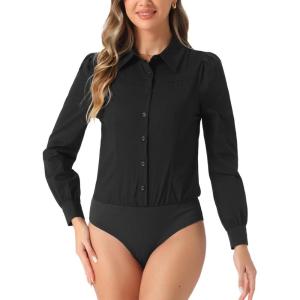 imageAllegra K Work Body Suits for Women Office Button Down Shirt Collared Long Sleeves Bodysuit TopBlack