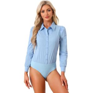 imageAllegra K Work Body Suits for Women Office Button Down Shirt Collared Long Sleeves Bodysuit TopLight Blue