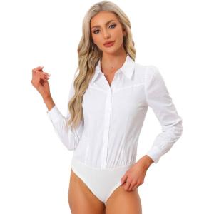 imageAllegra K Work Body Suits for Women Office Button Down Shirt Collared Long Sleeves Bodysuit TopWhite