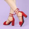 imageAllegra K Womens Faux Fur Lace Up Strappy Chunky Heels SandalsRed