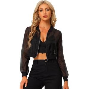 imageAllegra K Bomber Crop Jacket for Womens Sheer Mesh Lightweight Long Sleeve JacketsBlack