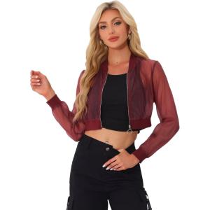 imageAllegra K Bomber Crop Jacket for Womens Sheer Mesh Lightweight Long Sleeve JacketsBurgundy