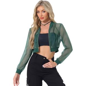 imageAllegra K Bomber Crop Jacket for Womens Sheer Mesh Lightweight Long Sleeve JacketsGreen