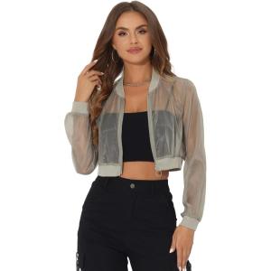 imageAllegra K Bomber Crop Jacket for Womens Sheer Mesh Lightweight Long Sleeve JacketsGrey