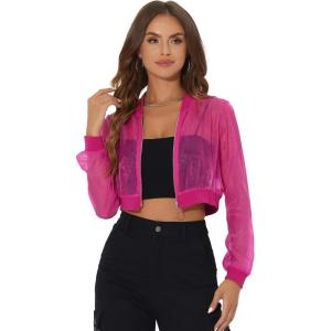 imageAllegra K Bomber Crop Jacket for Womens Sheer Mesh Lightweight Long Sleeve JacketsHot Pink