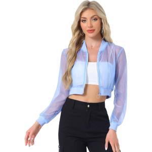 imageAllegra K Bomber Crop Jacket for Womens Sheer Mesh Lightweight Long Sleeve JacketsLight Blue
