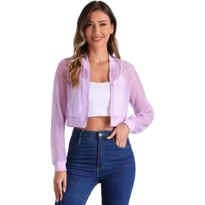 imageAllegra K Bomber Crop Jacket for Womens Sheer Mesh Lightweight Long Sleeve JacketsLight Purple