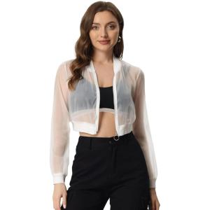 imageAllegra K Bomber Crop Jacket for Womens Sheer Mesh Lightweight Long Sleeve JacketsWhite