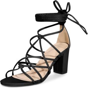 imageAllegra K Womens Lace Up Strappy Heel Chunky Heel SandalsBlack