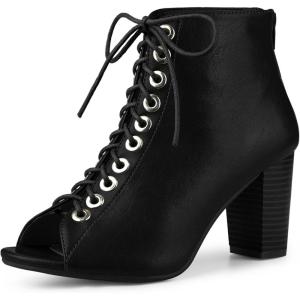 imageAllegra K Womens Peep Toe Lace Up Chunky Heeled Ankle BootiesBlack