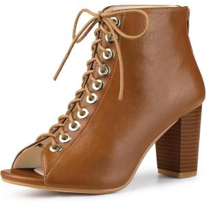 imageAllegra K Womens Peep Toe Lace Up Chunky Heeled Ankle BootiesBrown