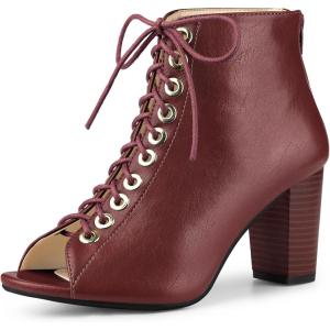 imageAllegra K Womens Peep Toe Lace Up Chunky Heeled Ankle BootiesBurgundy