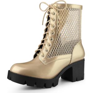 imageAllegra K Womens Platform Lace Up Mesh Lug Sole Chunky Heel Combat BootsGold