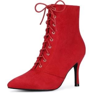 imageAllegra K Womens Pointy Toe Side Zip Lace Up Stiletto Heels Ankle BootsRed