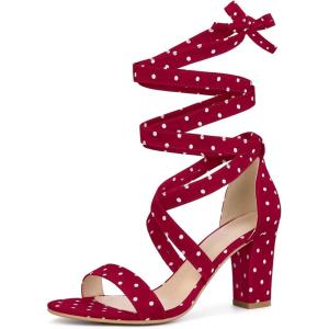 imageAllegra K Womens Polka Dots Strappy Heels Lace Up Chunky Heels SandalsRed