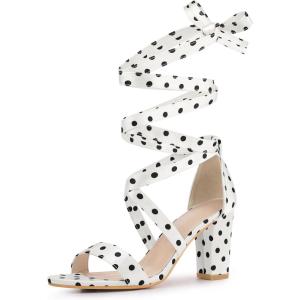 imageAllegra K Womens Polka Dots Strappy Heels Lace Up Chunky Heels SandalsWhite