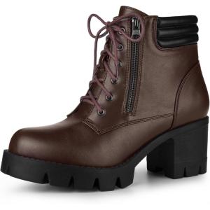 imageAllegra K Womens Round Toe Chunky Heel Lace Up Zipper Coffee Combat Boots 8 M US
