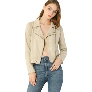 imageAllegra K Womens Short Soft Zip Up Faux Suede Biker Moto JacketBeige