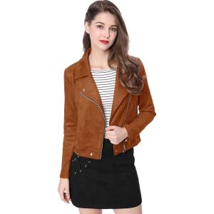 imageAllegra K Womens Short Soft Zip Up Faux Suede Biker Moto JacketBrown