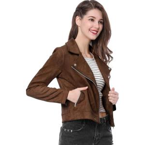 imageAllegra K Womens Short Soft Zip Up Faux Suede Biker Moto JacketDark Brown