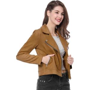 imageAllegra K Womens Short Soft Zip Up Faux Suede Biker Moto JacketKhaki
