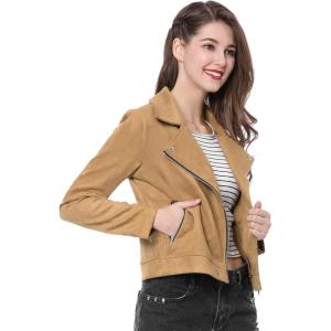 imageAllegra K Womens Short Soft Zip Up Faux Suede Biker Moto JacketLight Khaki