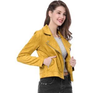 imageAllegra K Womens Short Soft Zip Up Faux Suede Biker Moto JacketMustard