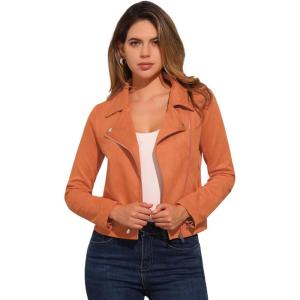 imageAllegra K Womens Short Soft Zip Up Faux Suede Biker Moto JacketOrange