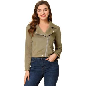 imageAllegra K Womens Short Soft Zip Up Faux Suede Biker Moto JacketPale Khaki