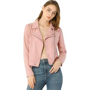 imageAllegra K Womens Short Soft Zip Up Faux Suede Biker Moto JacketPink