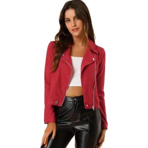 imageAllegra K Womens Short Soft Zip Up Faux Suede Biker Moto JacketRed