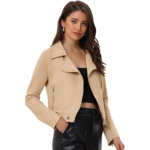 imageAllegra K Womens Short Soft Zip Up Faux Suede Biker Moto JacketTan