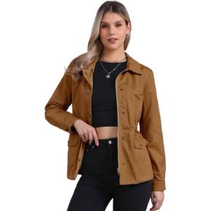 imageAllegra K Womens Utility Jacket Zip Up Drawstring Waist Snap Buttons Lightweight Anorak Jackets with PocketsCaramel