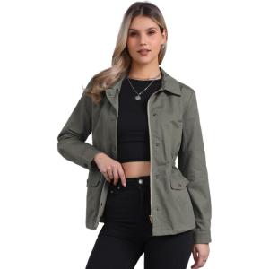 imageAllegra K Womens Utility Jacket Zip Up Drawstring Waist Snap Buttons Lightweight Anorak Jackets with PocketsGrey