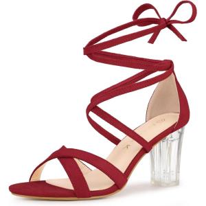 imageAllegra K Womens Velvet Lace Up Clear Heels Block Heel SandalsRed