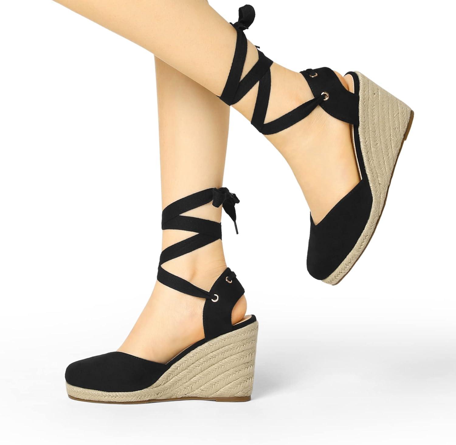 imageAllegra K Womens Closed Toe Espadrilles Wedges Tie Up Wedge SandalsBlack