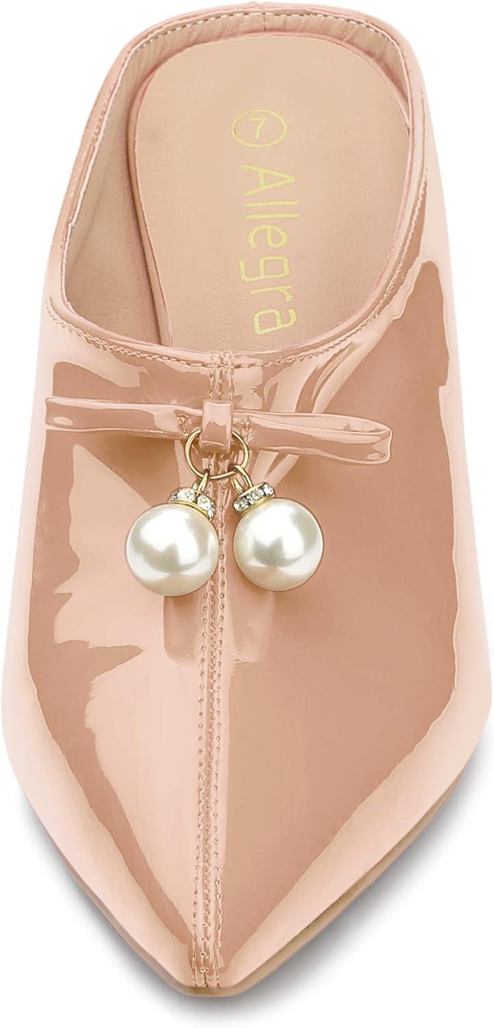 imageAllegra K Womens Pointed Toe Pearl Bow Chunky Heel Slides MulesNude