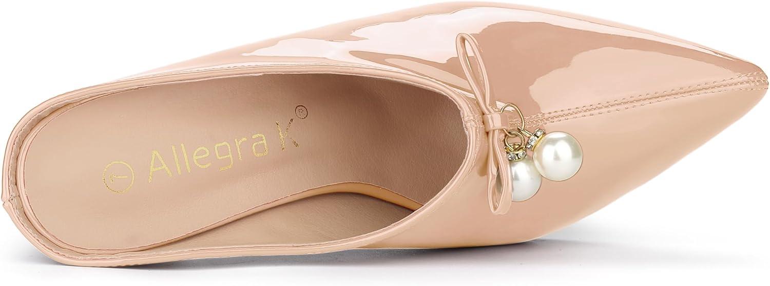 imageAllegra K Womens Pointed Toe Pearl Bow Chunky Heel Slides MulesNude