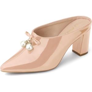 imageAllegra K Womens Pointed Toe Pearl Bow Chunky Heel Slides MulesNude