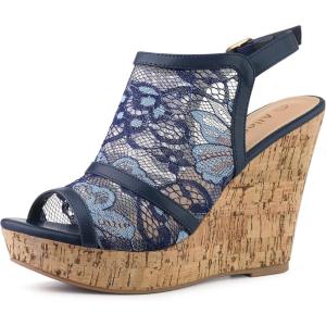 imageAllegra K Womens Open Toe Platform Heel Lace Wedges SandalsDeep Blue